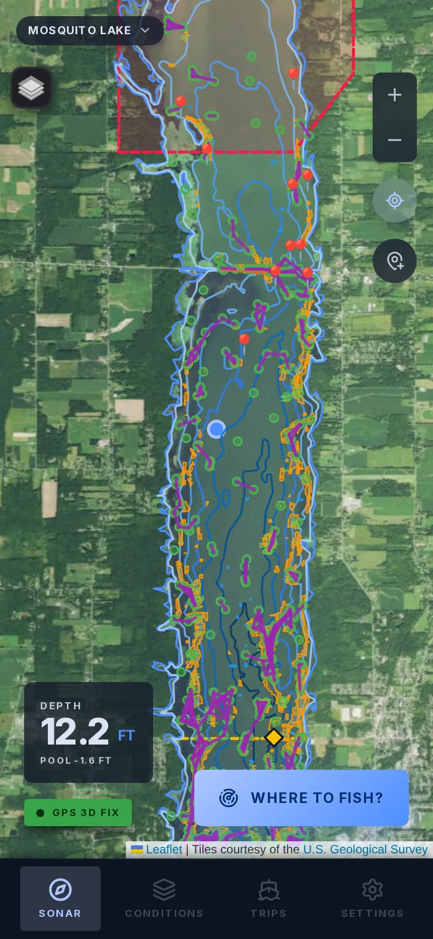 The LakeSense map on Mosquito Lake, showing detected depth structure, the angler's GPS position and the depth under the boat